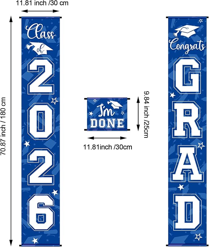 Moukeren 3 Pieces 2026 Graduation Party Decorations Graduation Porch Sign Class of 2026 Grad Hanging Porch Banner Backdrop Door Sign for Grad Party Home Door Wall Decor(Blue)