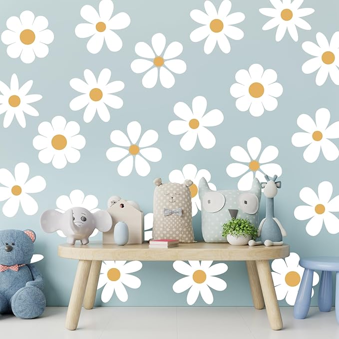TaoBary 12 Sheet Daisy Wall Sticker Decal Removable Cute Daisy Bedroom Room Decor Flower Wall Sticker Pink White Flower Decal Wallpaper Peel and Stick for Nursery Home(White, Yellow,Novelty Style)