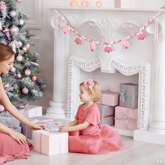 Pink Christmas Felt Garland 3D Coquette Bow Xmas Tree Pom Ball Banner Holiday Decorative Hanging Bunting Garland for Home Mantel Fireplace Window Wall Decor