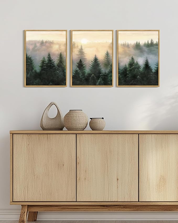 Drsoum Green Fog Pine Tree Landscape Wall Art Framed Nature Misty Nordic Forests Prints Morden Farmhouse Rustic Artwork Hallway Bedroom Ready to Hang 12x16in Natural Framed