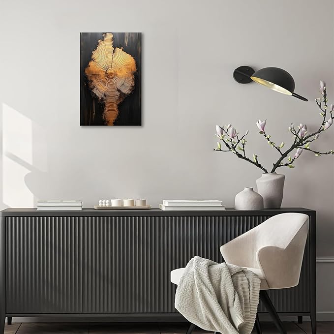 IBHJSART Framed Tree Ring Canvas Wall Art Black And Gold Wall Art Painting Prints Modern Minimalist Pictures Neutral Nature Rustic Farmhouse Decor Living Room Bedroom Bathroom Office