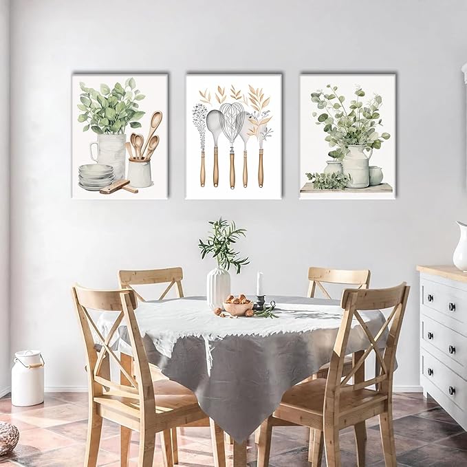 AOYUSMO 3 Piece Canvas Wall Art Kitchen Wall Art Sage Green Pictures Botanical Paintings Farmhouse Artwork Eucalyptus Nature Art Prints for Dining Room 12"x16"