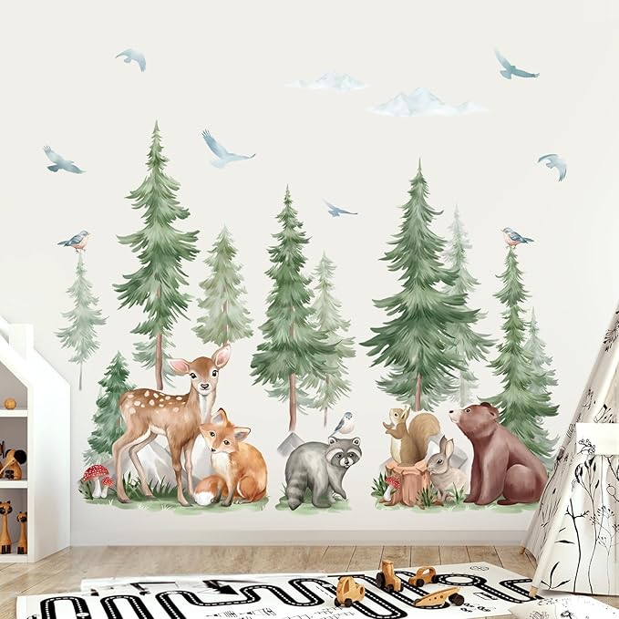 wondever Mountain Tree Wall Stickers Large Pine Tree Forest Animal Bear Fox Peel and Stick Wall Art Decals for Kids Room Baby Nursery Bedroom