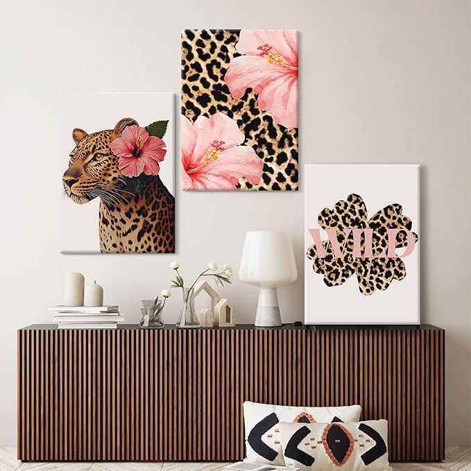 Trendy Leopard Wall Art Pink Cheetah Print Room Decor Leopard Flower Canvas Wall Decor Cheetah Aesthetic Poster Girly Pink Preppy Picture Funky Y2k Artwork for Girl Bedroom 12x16x3 Inch Wrapped Canvas