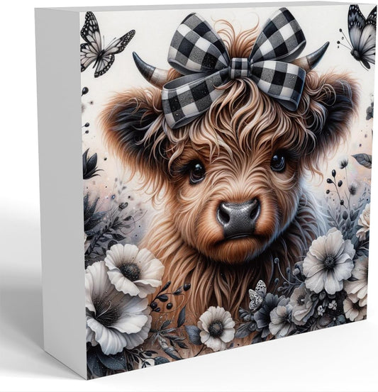 Highland Cow Decor, Highland Cow Gifts for women, Highland Cow Nursery Decor, Wooden Box Decor Sign for Home Farmhouse Office Living Room Table Shelf Tiered