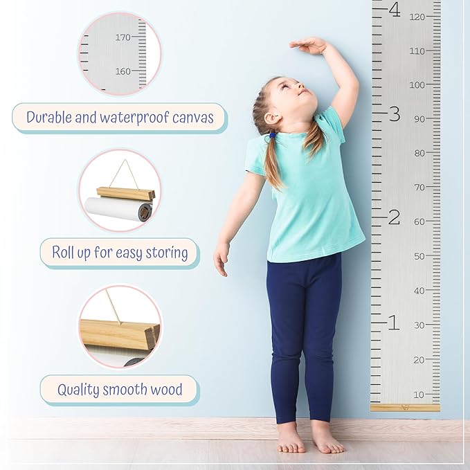 Growth Chart for Wall - Height Chart for Toddlers (79” x 7.9”) - Canvas Kids Tape Measure Chart - Growth Chart for Kids w/Wood Frame Panel - Neutral Color Height Measurement for Wall & Home Décor