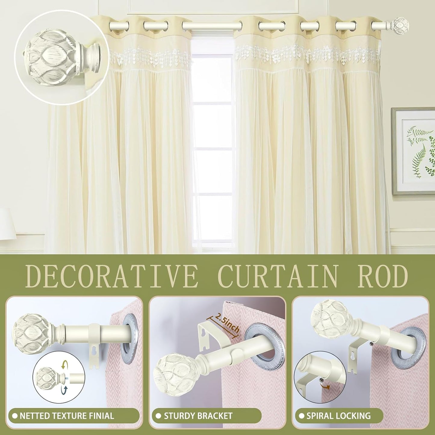 White Farmhouse Curtain Rods for Windows:18-45" Heavy Duty Adjustable Curtain Rod for Bedroom Living Room,Boho Decorative Rustic Drapery Rods with Vintage Coastal Texture Finials,Antique White