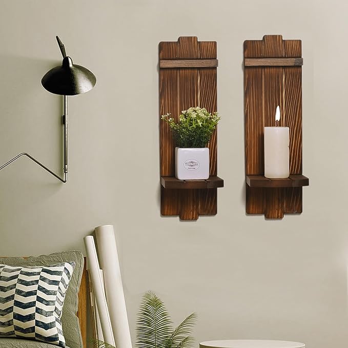 Sconce Wall Decor Set of 2, Large Wall Candle Holder Rustic Farmhouse Decor, Home Wall Art Floating Candle Sconce Shelf Wooden Wall Decoration for Living Room, Dining Room, Bedroom, Bathroom