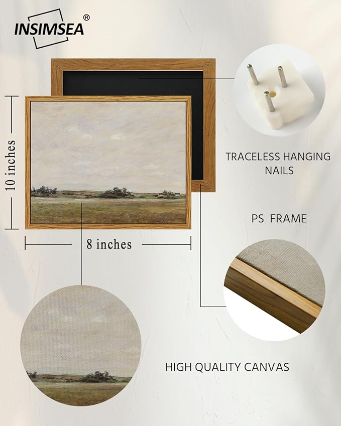 InSimSea Framed Canvas Print Art, Vintage Open Field Landscape Painting, Rustic Farmhouse Cottage Decor for Hallway Wall Floating Shelf Desk Vanity Fireplace,10x8in, Neutral Tones