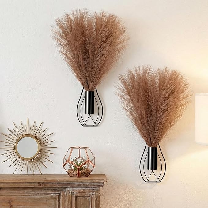 2 Pieces Hanging Plant Wall Decor with Artificial Pampas Grass Metal Hanging Vase Modern Geometric Farmhouse Bohemian Wall Art for Living Room Bedroom Kitchen Office (Black, Light Brown)