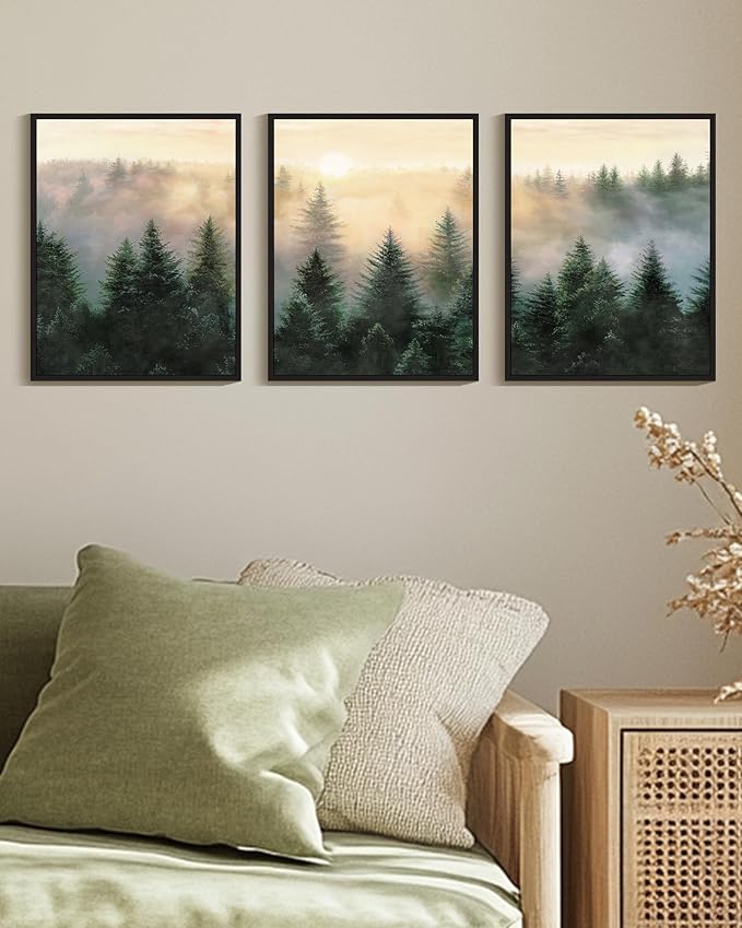 Drsoum Green Fog Pine Tree Landscape Wall Art Framed Nature Misty Nordic Forests Prints Morden Farmhouse Rustic Artwork Hallway Bedroom Ready to Hang 11x14in Black Framed