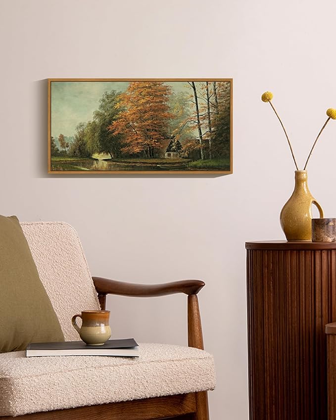 SHENIFY Vintage Framed Wall Art Countryside River Landscape Painting Retro Fall Scenery Farmhouse Kitchen Living Room Decor - 8x16in Natural Framed
