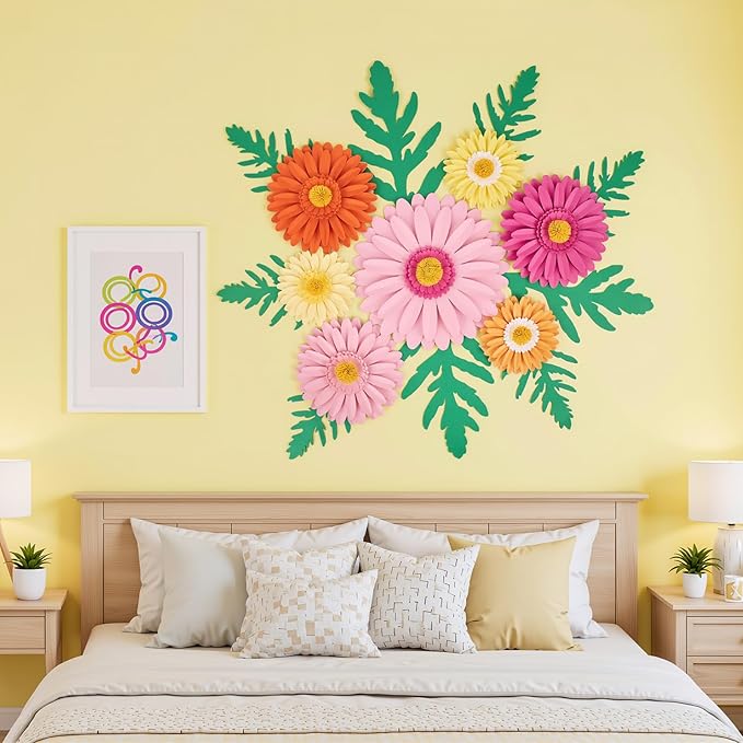 SUNBEAUTY Large Paper Flower Decoration for Wall 3D Large Paper Flower Pink Orange Daisy with Green Leaves Artificial Flower Wall Hanging for Classroom Bulletin Board Office Garden Tea Party Birthday