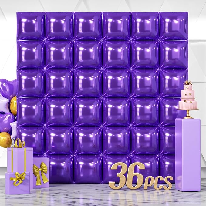 NISOCY 36PCS Purple Square Foil Balloons Wall Backdrop Double Sided Purple Balloons Tunnel Arch Kit for Baby Shower Birthday Wedding Party Decoration