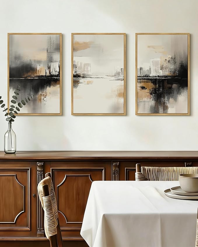 Drsoum Vintage Black Gray Abstract Wall Art Framed Brown Tan Neutral Prints Minimalist Modern Rustic Artwork Bedroom Living Room Ready to Hang 16x24in Natural Framed