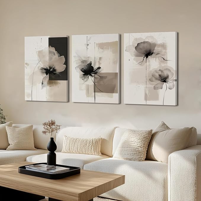 Neutral Abstract Floral Canvas Wall Art Modern Large Minimalist Wall Decor Contemporary Beige Black Flower Posters Prints Picture for Living Room Bedroom Bathroom Office 16x24 In Framed
