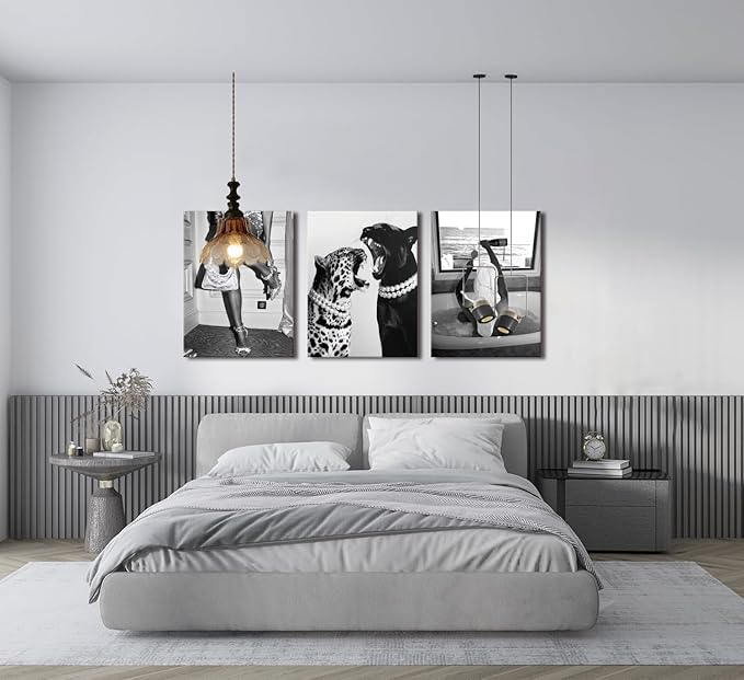 Bathroom Fashion Leopard Print Black and White Canvas Wall Art Trendy Women Posters Paintings Luxury Feminist Pictures Wall Decor for Bedroom Living Room Hallway Home Decoration 12×16 In Framed