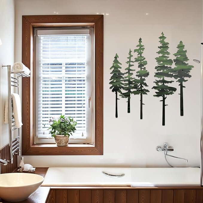 ESTART Metal Pine Tree Wall Art, Metal Tree Wall Decor, Nature Rustic Farmhouse Cabin Decor, Forest Wall Art for Home Living Room Bedroom Office Indoor and Outdoor Decoration (Green)