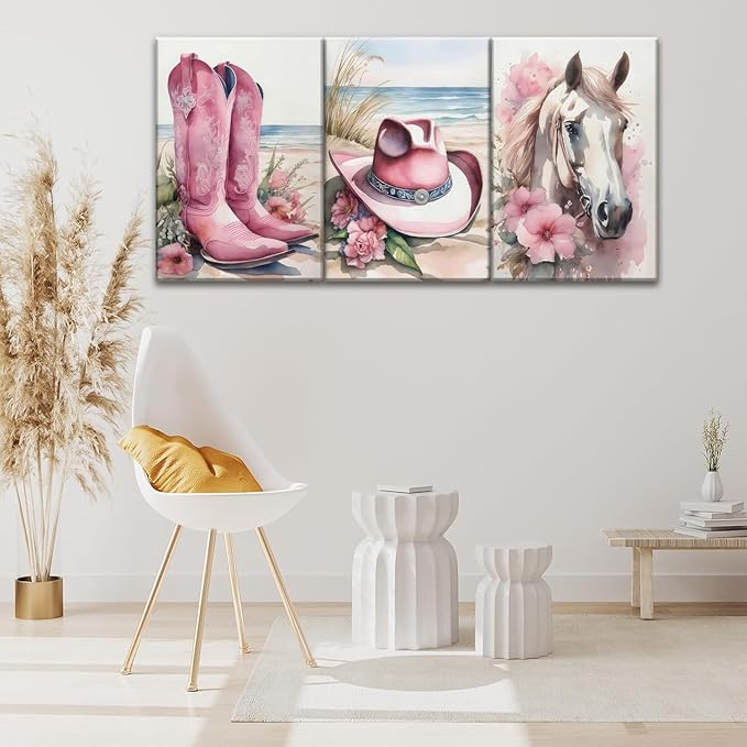 Djmwtb Coastal Cowgirl Canvas Wall Art Western Girl Room Decor Framed Set of 3 Pink Flower Boots Hat Horse Pictures Trendy Preppy Posters Prints Watercolor Painting for Dorm Bedroom 16x24in
