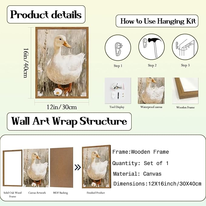 Framed Vintage Duck Canvas Wall Art, Cute Farmhouse Animal Pictures Wall Decor, Rustic Country Nature Paintings Prints Cottagecore Home Decor for Living Room Bedroom Bathroom 12x16 inch