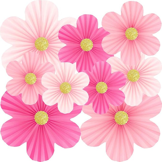 Pink Paper Flowers Decorations for Wall Hot Pink Birthday Decorations 9pcs with 9 Gold Glitter Floral Centers Paper Fans Floral Backdrop Flower Wall Decor for Classroom Wedding Baby Shower,Paper Guide