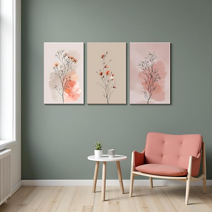 okudolit Boho Vintage Flower Wall Art Set of 3 Minimalist Floral Botanical Prints Rustic Wildflower Wall Decor Beige and Pink Neutral Plant Painting for Living Room Bedroom Office-16x24in