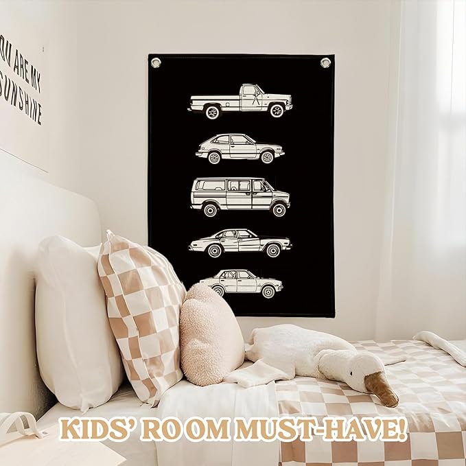Toddler Room Decor,Vintage Car Linen Canvas Banner,Little Boy Room Wall Hanging Flag Banner for Little Boy Bedroom,Playroom Nursery 18x25 Inch(Black)
