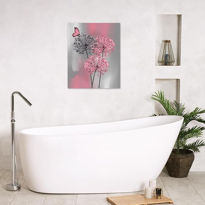 LB Pink Dandelion Canvas Wall Art Pink and Grey Dandelion with Butterfly on Modern Abstract Wall Art Aesthetic Wall Decor for Living Room Bedroom Bathroom Office Framed Ready to Hang 16L x 12W