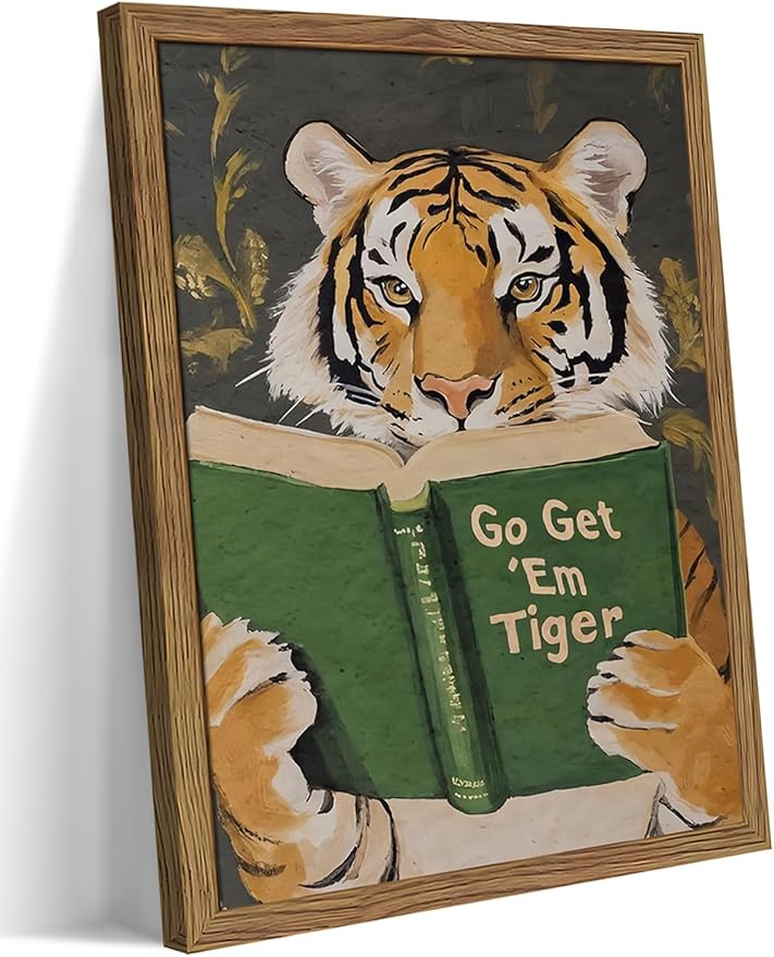 Framed Tiger Canvas Wall Art, Motivational Tigers Reading Poster Print, Humorous Bookworm Pictures Wall Decor, Vintage Go Get Em Tiger Painting for Office Library Bedroom Decor 12x16 inch