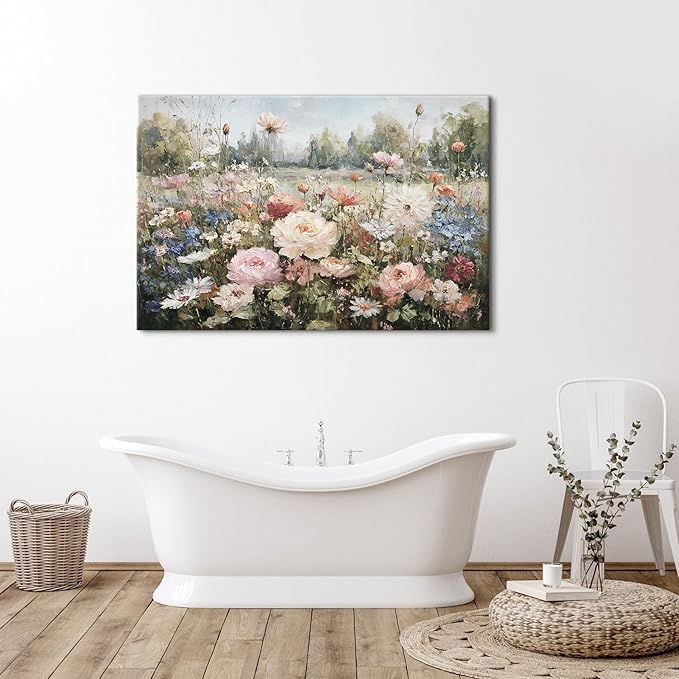 Flowers Wall Art Pink Roses Canvas Prints Painting Colorful Wildflowers Canvas Pictures Farmhouse Floral Landscape Wall Decor Botanical Artwork for Bedroom Bathroom Home Office Decorations 32x48"