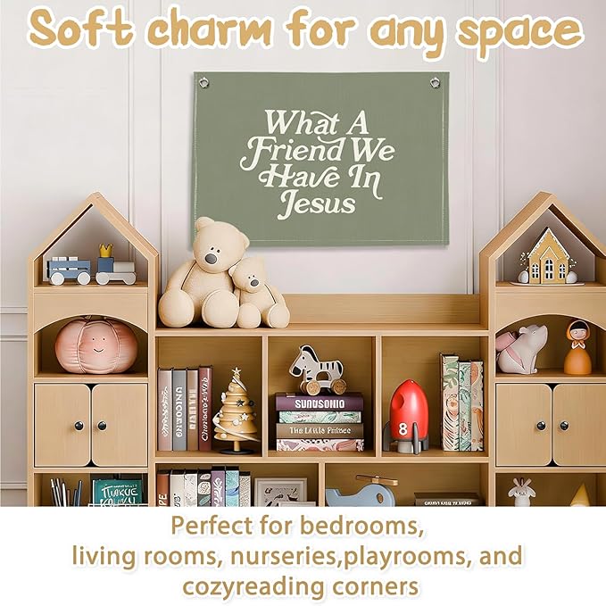 RTXLEZM Kids Room Decor-What a Friend We Have in Jesus Christian Canvas Banner Wall Hanging,Green Minimalist Bible Verse Wall Art Prints for for Classroom, Nursery, Kids Room，20x30