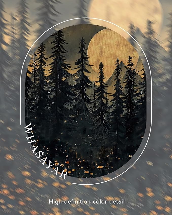WHASAYART Framed Dark Forest Pine Trees Yellow Flowers Wall Art 12x16, Autumn Night Sky Full Moon Wildflowers Canvas Print, Rustic Fall Nature Gothic Aesthetic Halloween Bedroom Living Room Decor