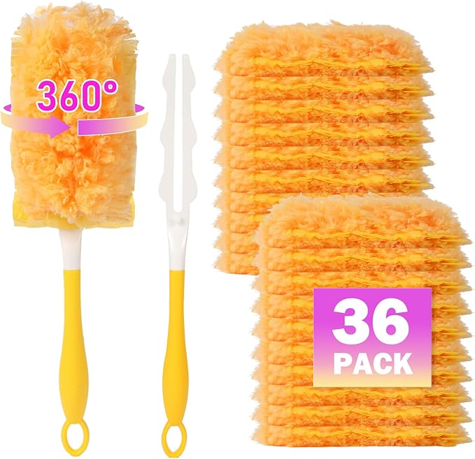 36 Pack Dusters Compatible with Swiffer Dusters for Cleaning, with 1 Handle, Multisurface 360° Dusters with 4X Microfibers, Disposable Heavy Duty Duster Refills, Helps Remove Allergens.