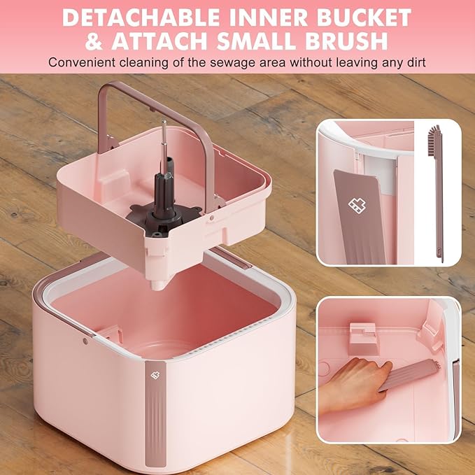 KZKR Square Spin Mop and Bucket Set with Self Separation Dirty and Clean Water System,Self Wringing 360° Rotating Mops Head for Home Floors Cleaning (2.0 mop Bucket Set with 6 Pads, Pink)