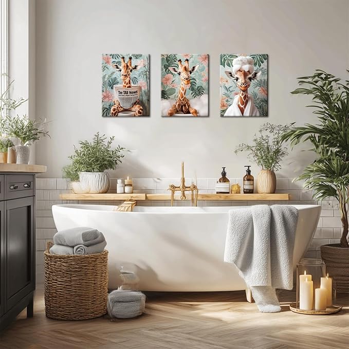 Funny Animal Bathroom Wall Art Set of 3, Cute Giraffe in Toilet Reading Newspaper Wall Decor Paintings Eclectic Giraffe Bathroom Canvas Prints Artwork 16x24 inch Framed