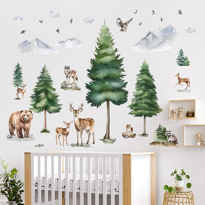 wondever Large Mountain Tree Wall Stickers Pine Tree Woodland Animal Deer Bear Peel and Stick Wall Art Decals for Kids Room Baby Nursery Bedroom