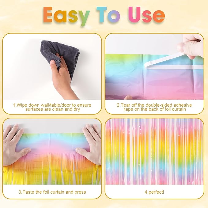 3 Pack 3.3 x 8.2 ft Pastel Rainbow Foil Fringe Backdrop Curtains, Tinsel Streamers Birthday Party Decorations, Fringe Backdrop for Graduation, Baby Shower, Gender Reveal, Disco Party