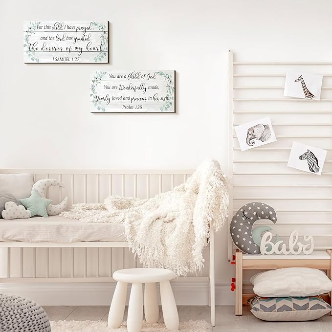 Yookeer 2 Pcs Wood Nursery Wall Decor for Girls Boys Baby Girl Room Decor Nursery Christian Wall Art This Child I Have Prayed Bible Quote Hanging Sign for Kids Home 12 x 6 Inch(Greenery)