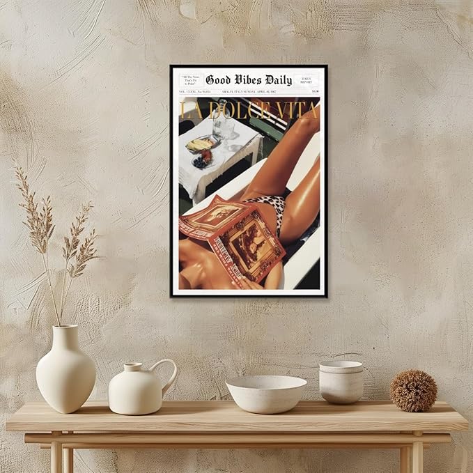 Trendy Newspaper Posters Vintage Good Vibes Daily Wall Art 60s La Dolce Vita Poster Beach Vibe Funky Aesthetic Retro Trippy Art Canvas Prints for Cool Girl Room Home Dorm Decor 16x24inch black framed