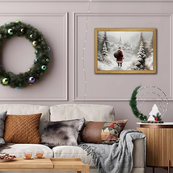 Vintage Christmas Canvas Wall Art, Wood Framed Santa Claus Wall Decor Painting, Rustic Farmhouse Winter Snow Scene Poster Print Picture 16x24 inch, Best Holiday Decor for Living Room Bedroom Home