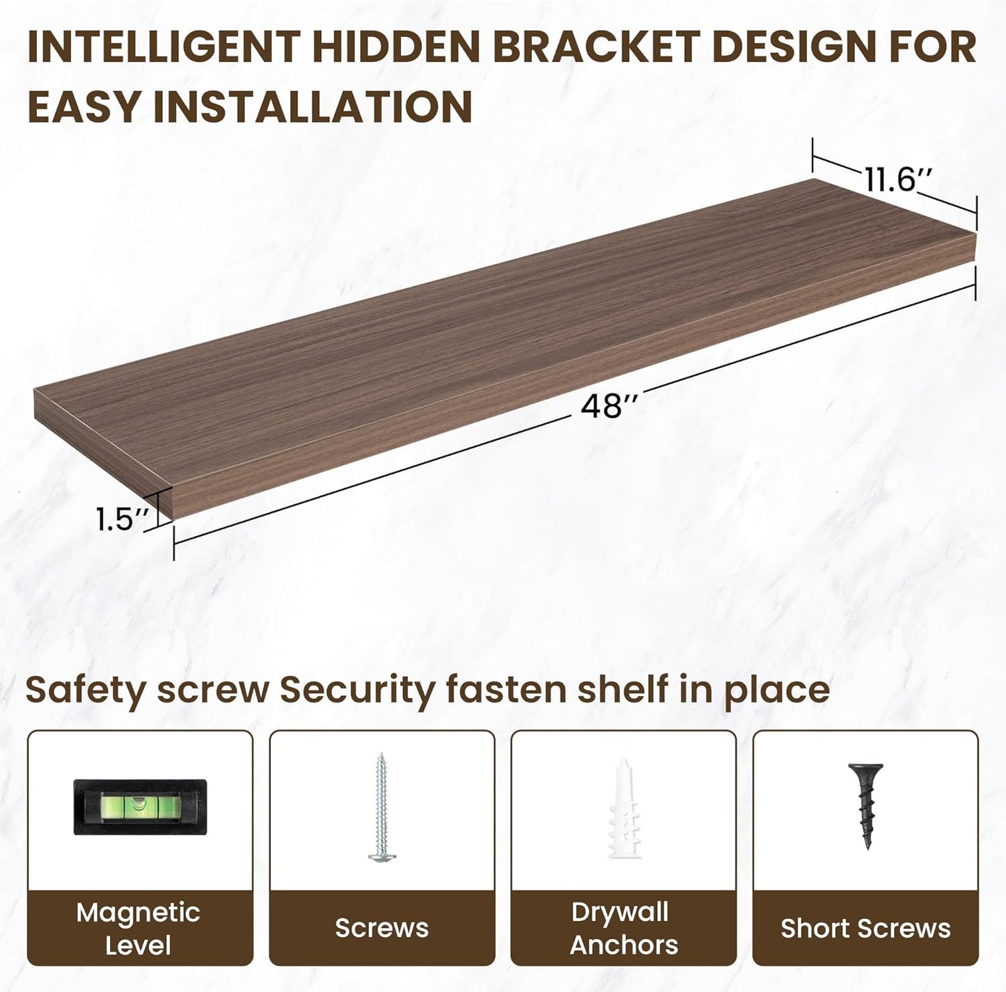 48 Inch Floating Shelves, 11.6 Inch Deep Floating Shelves for Wall, Floating Shelf with Invisible Brackets, Deep Shelves for Bathroom, Bedroom, Living Room, 1 Pack, Walnut