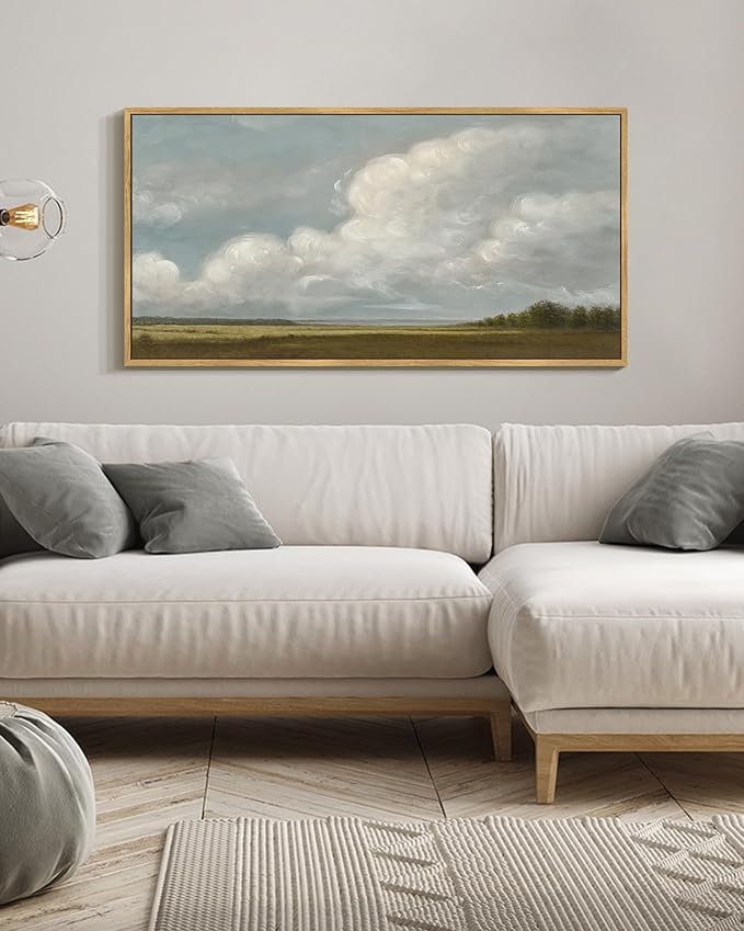 SHENIFY Vintage Framed Wall Art Grassland Meadow Landscape Scenery Rustic Home Decor Retro Decorations for Farmhouse Bedroom Living Room Ready to Hang Wall Artwork - 20x40in Natural Framed