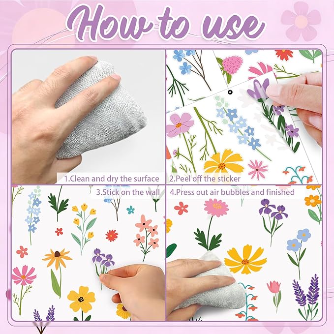 Spring Flower Wall Stickers, 8 Sheets Wildflower Wall Decals Peel and Stick Floral Wall Decor for Girls Bedroom Nursery Spring Room Decorations 90 Pcs