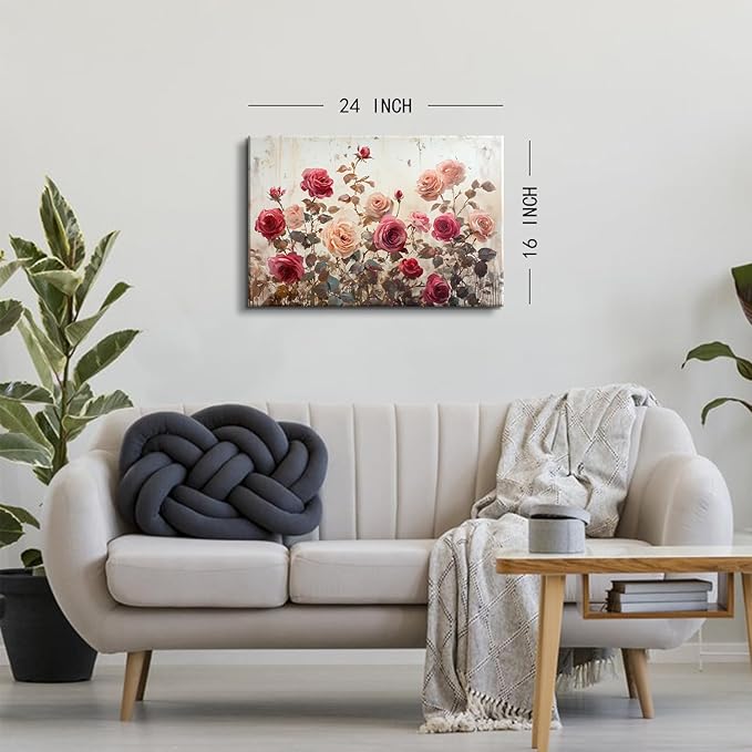 Rustic Floral Wall Art Pink Rose Wall Decor for Girls Bedroom Red Pink Roses Canvas Prints Pictures Retro Flower Painting Poster Farmhouse Artwork for Living Room Dining Room Home Decoration 16x24"