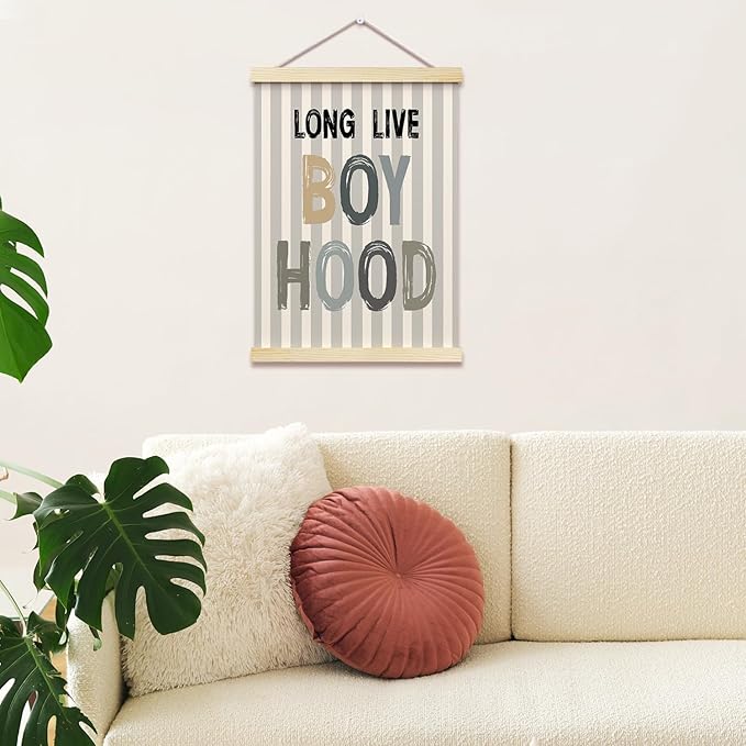Long Live Boyhood Posters Hanger Frame for Boys Room Stripes Hanging Poster for Bedroom Kids Room Classroom Decor Wall Art Decor for Nursery Playroom Canvas Wall Art Print 16x12 Inches - YY065