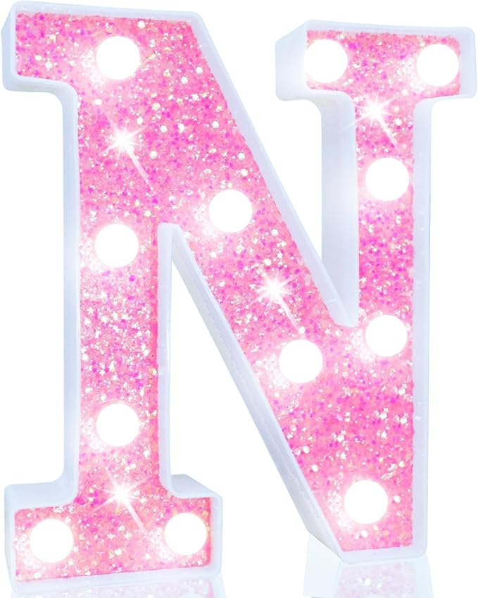 Pooqla LED Marquee Letter Lights, Light Up Letters for Birthday Decorations, Glitter Letter Sign Battery Powered Night Light Pink Party Wedding Christmas Girls Gift Bedroom Dorm Decor, Cool White N