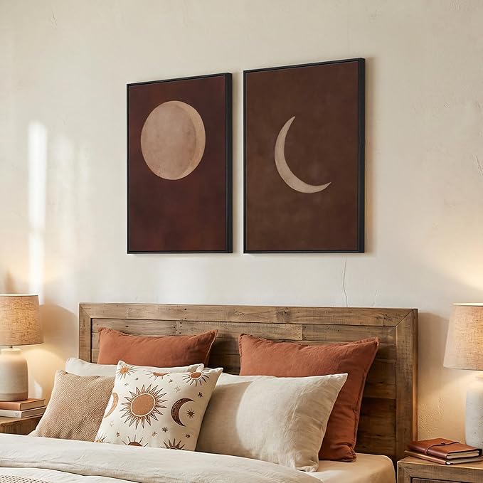 Framed Moon Phase Boho Wall Art Set of 2, Neutral Brown Lunar Celestial Canvas Artwork for Walls, Minimalist Bohemian Abstract Painting Prints for Living Room Bedroom Hallway Wall Decor, 16x24 Inch