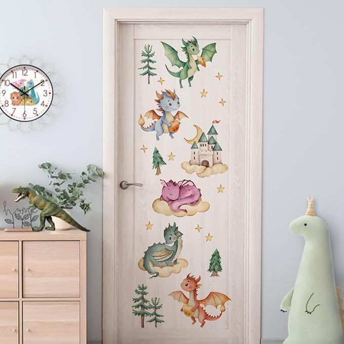 Yovkky Baby Dragon Wall Decals Stickers, Watercolor Castle Pine Tree Cloud Moon Stars Neutral Toddler Nursery Decor, Dragon Eggs Home Decorations Kids Girls Boys Bedroom Playroom Art