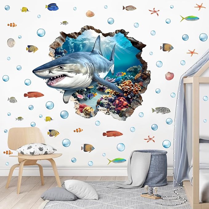 3D Large Shark Wall Decals(28.1”x22.8”), Watercolor Sea World Vinyl Wall Stickers, Removable Cartoon Under The Sea Animal Artwork for Baby Bedroom Playroom Bathroom Decor