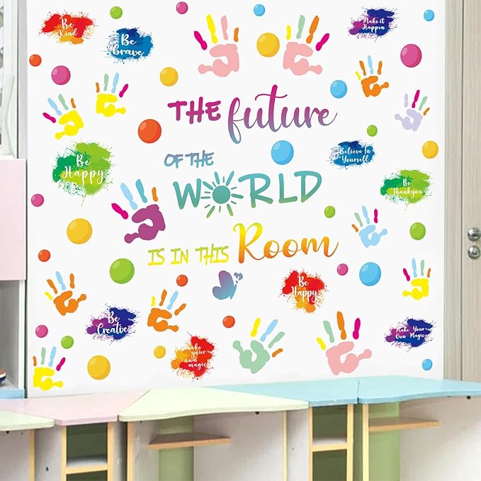Colorful Inspirational Wall Decals for Classroom Decor, Vinyl Paint Splatter Handprint Inspirational Quotes Wall Stickers for Kids Bedroom School Nursery Decorations